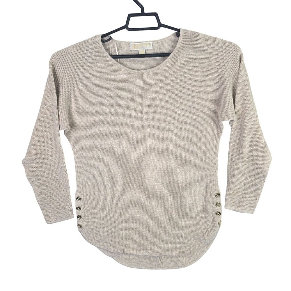 Womens Michael Kors Beige Textured Knit Top Side Button Detail Cotton Blend M